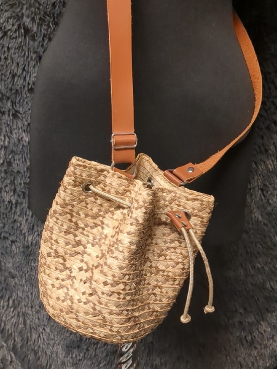 Handbags - Woven Straw Bucket Bag with Tan Leather Strap